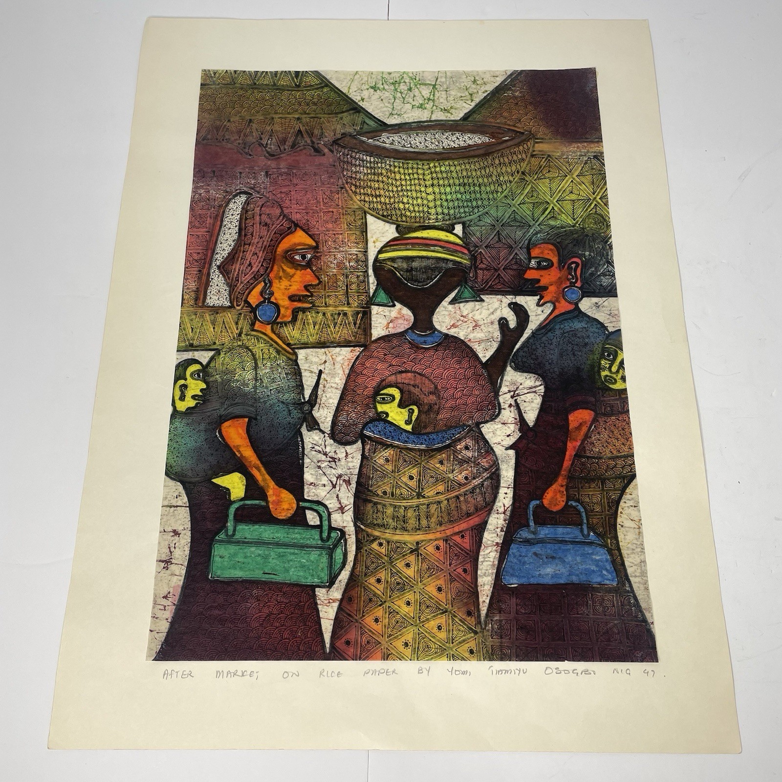 “After Market” Batik Painting On Rice Paper Yomi Tiamiyo Osogbo Nigeria 1997 Art