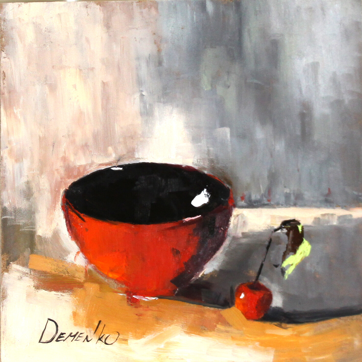 RED CUP and cherry Oil Painting 8x8in COLLECTIBLE ART impressionism ukraine