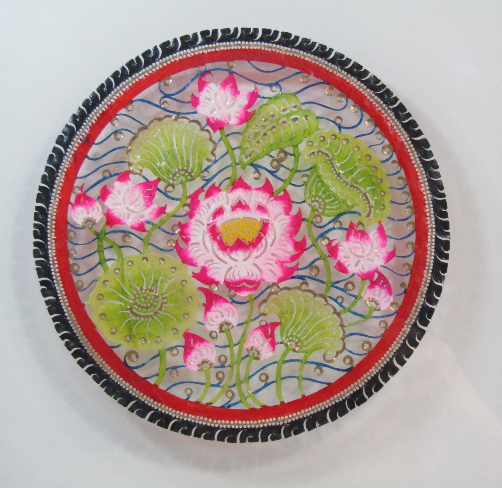 Framed Lotus Flower Painting Displayed Between Glass Vintage Art 15″x12″