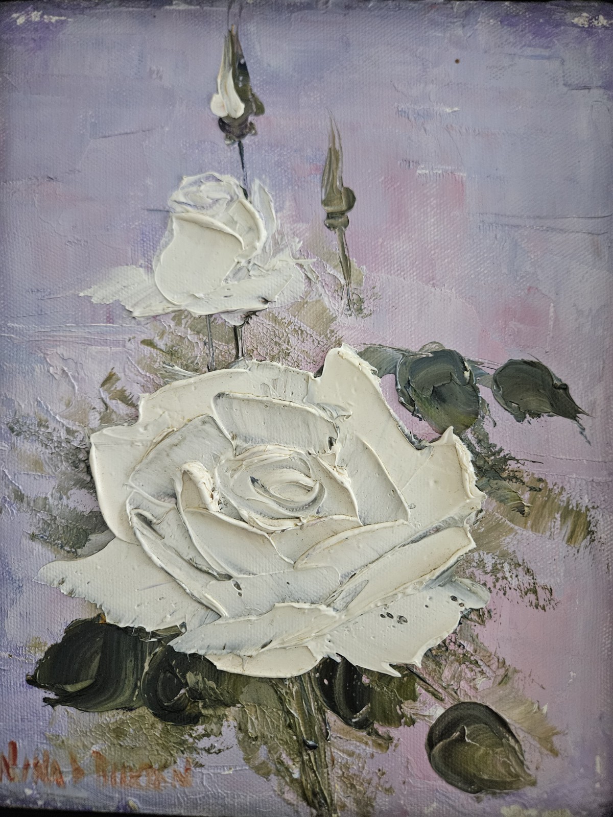 🌸🎨 Nina D. Buxton Original Oil Painting – White Roses