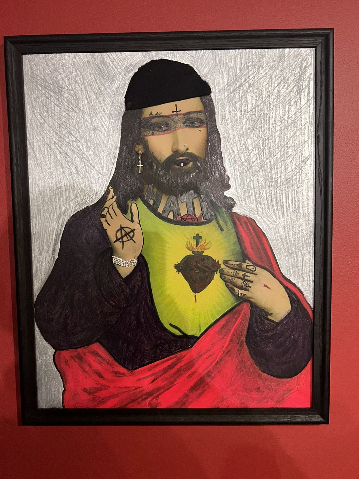 Original Art. “Different Jesus Acrylic Ink Watercolor Felt, Gems Framed 16×20