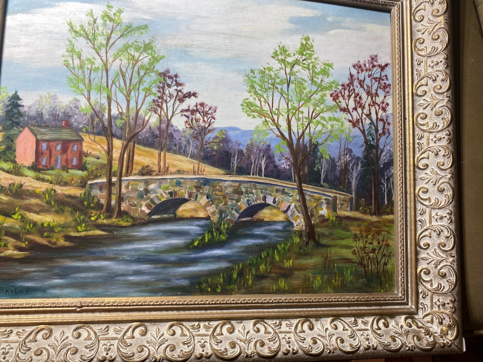 E.W Bailey «Stone Bridge And River Landscape Scene » Oil Painting -Signed/Framed