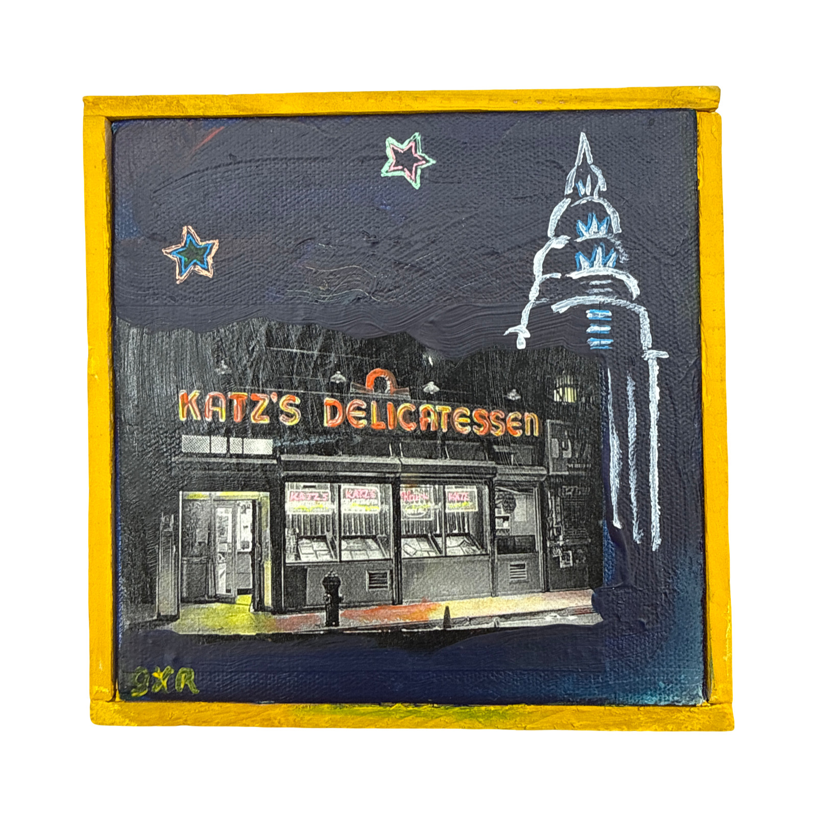 Katz’s Delicatessen NYC Folk Art Painting 6×6 Wood Framed New York City Wall Art