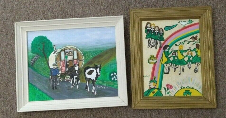 St. Patrick’s Paintings Horse Cart Men Children 16.5×13.5″ & 15×12″ w/frame READ