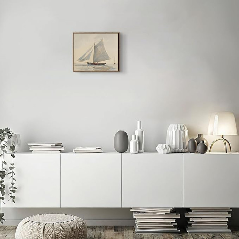 Ocean Framed Wall Art,Coastal Sailboat Canvas Oil Painting,Blue Ship Portrait Ae