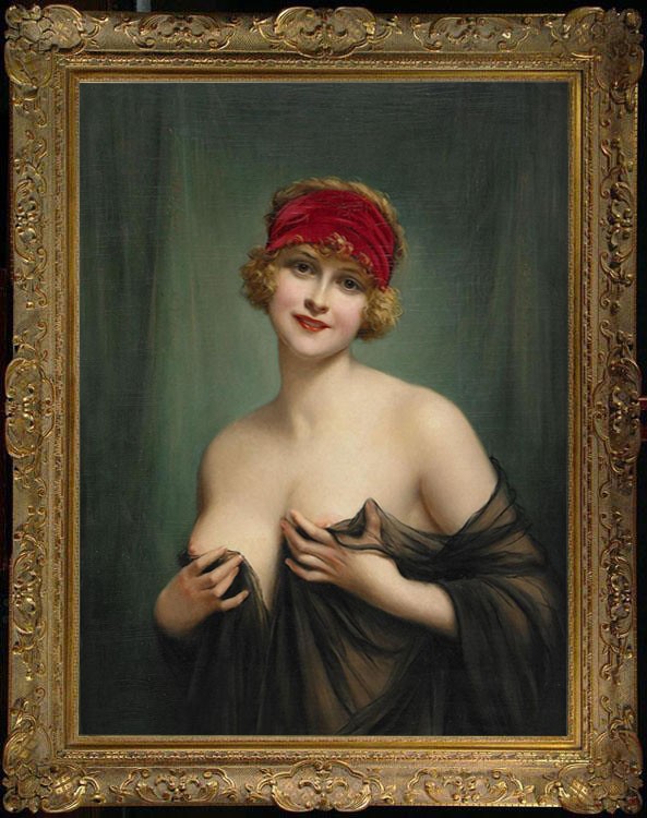 Hand Painted Art Deco Flapper Woman with Red Headband Sensual Oil Painting Art