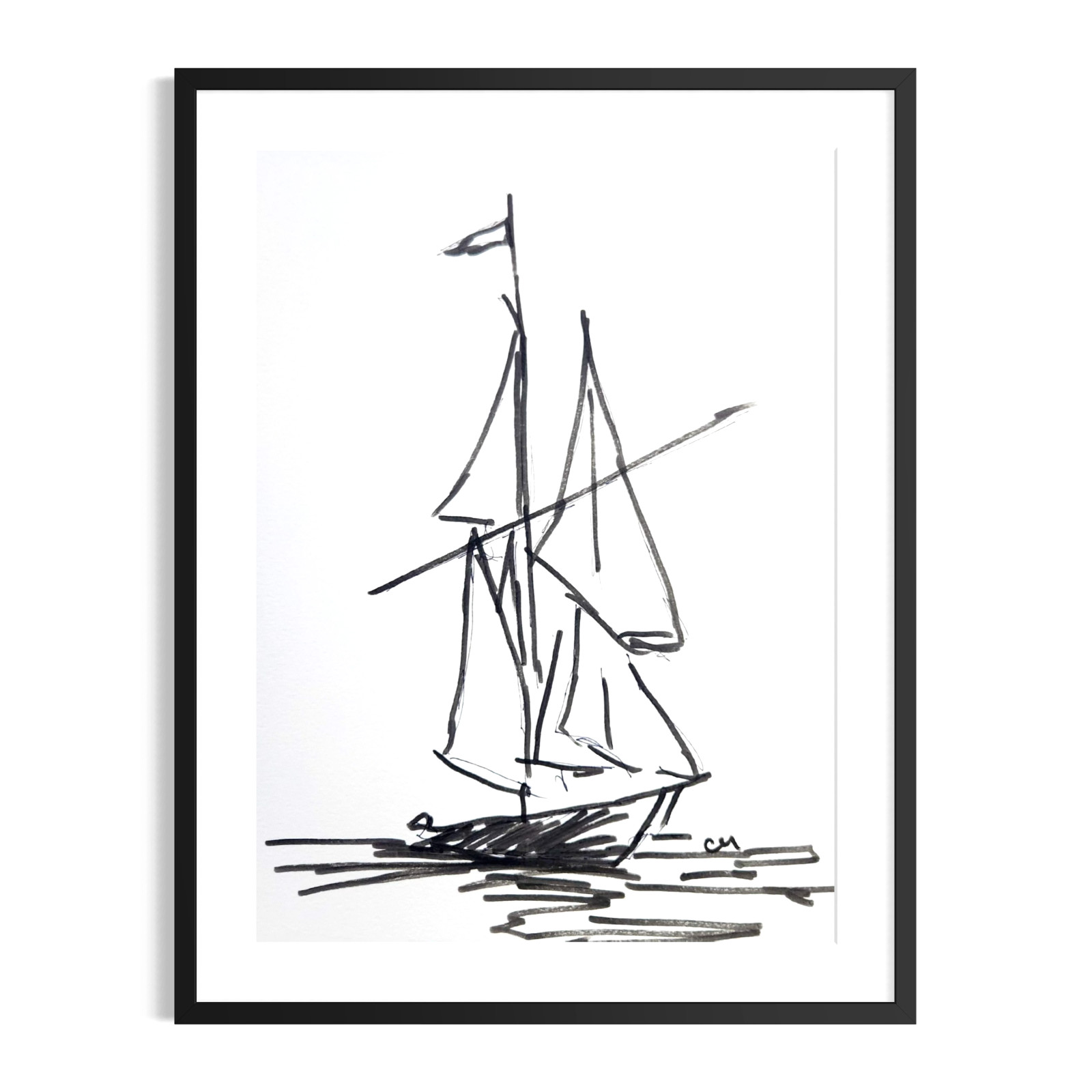 Original Expressionist Sailboat Art 9×12 Paper Minimalist Signed