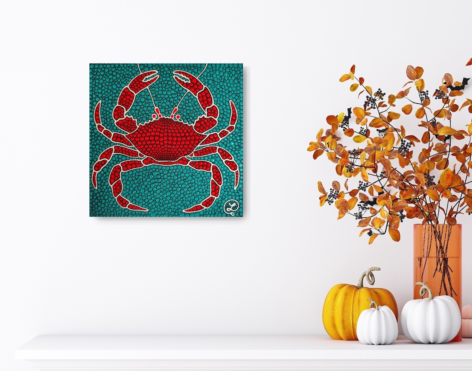 Red Crab Original Painting, Small Canvas Art, Marine Life Art, Coastal Wall Deco