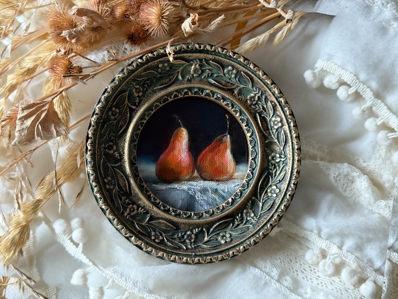 Miniature Pear Painting – Original Art Still Life – Classic Small Food Art