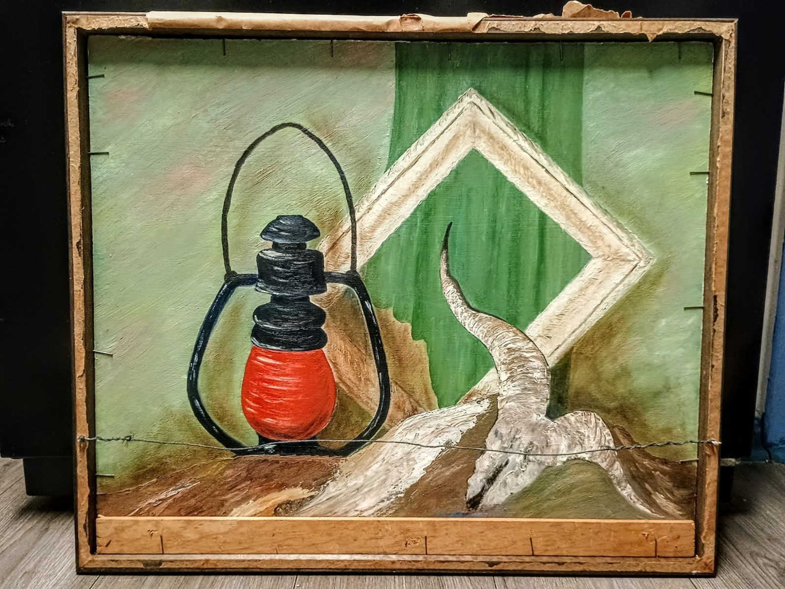 C.M. DELMORE DOUBLE SIDED OUTSIDER ABSTRACT STILL LIFE PAINTING 21X25 UNUSUAL