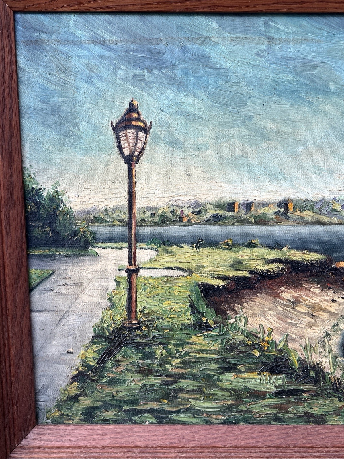 VINTAGE MCM FRAMED OIL ON CANVAS FERRY POINT PARK BRONX , NEW YORK NY 1958? WOW