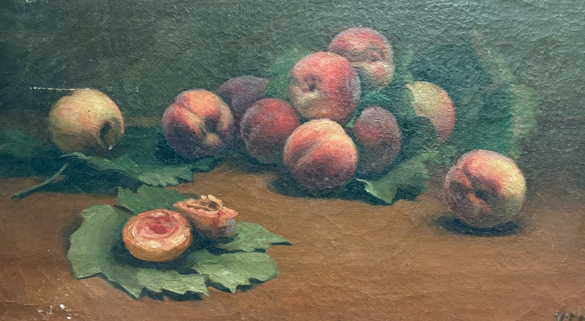 Peach, Fruits, Still Life – Painting Vintage Antique Original Oil signed