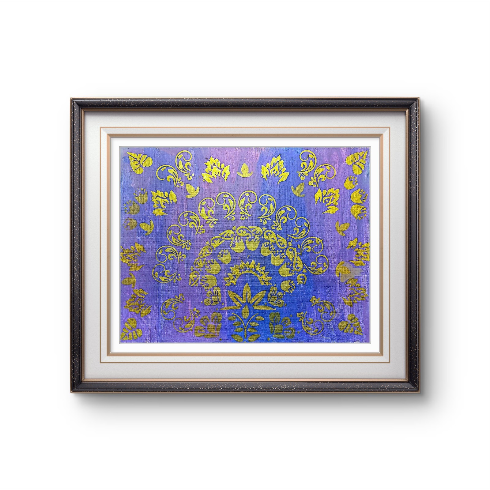 Gold Ornamental Pattern Painting Blue Purple Abstract Decor Art 11×14 Original.