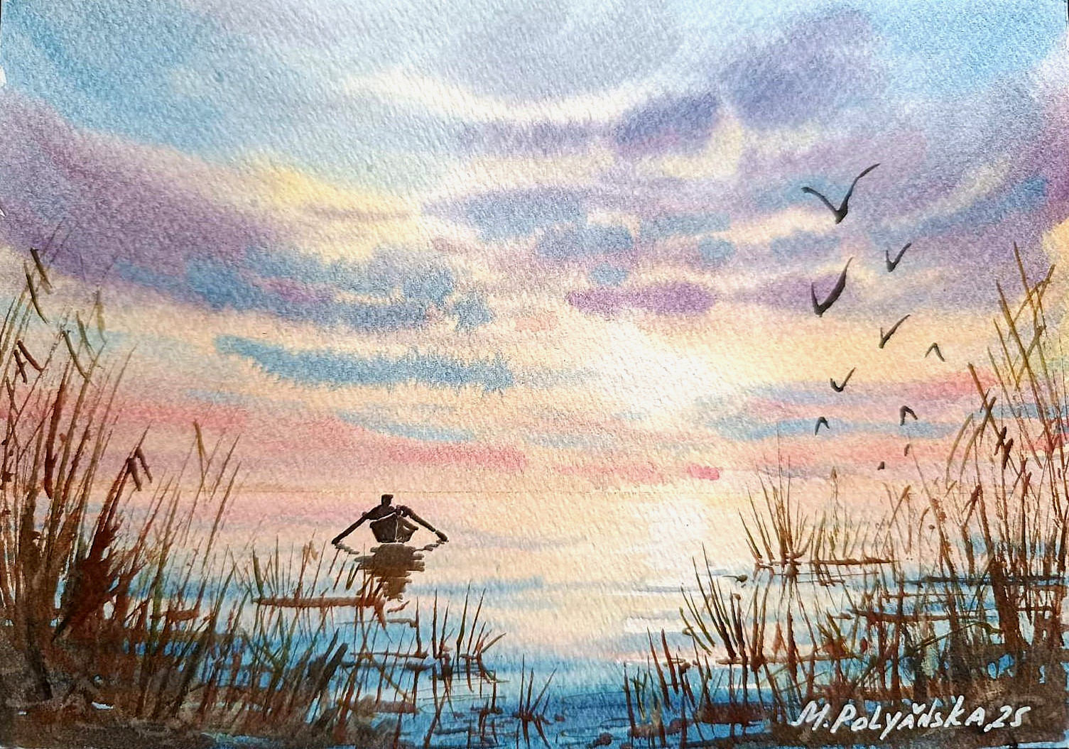 Original Art Modern Painting Landscape LONELY FISHERMAN IN BOAT Seascape Gift A5