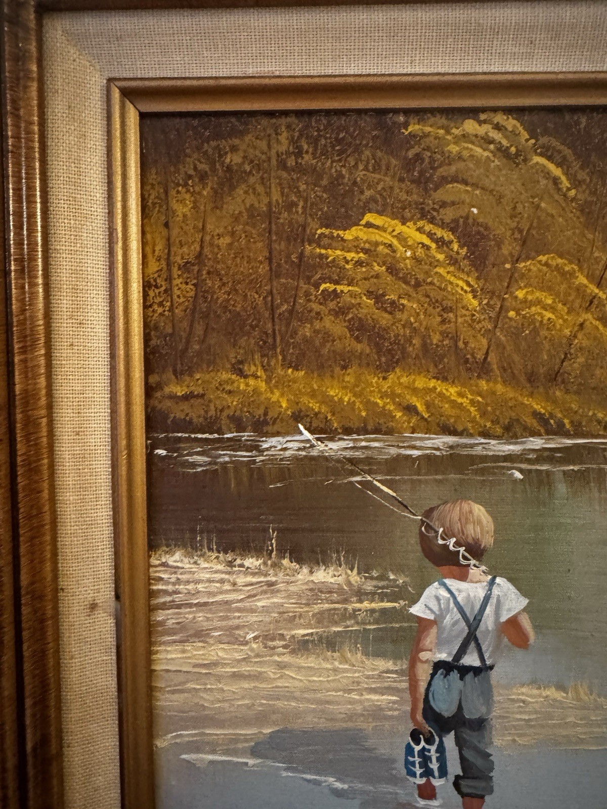 Signed Original Oil Painting Boy Fishing Landscape Wood Gold Frame Wall Art
