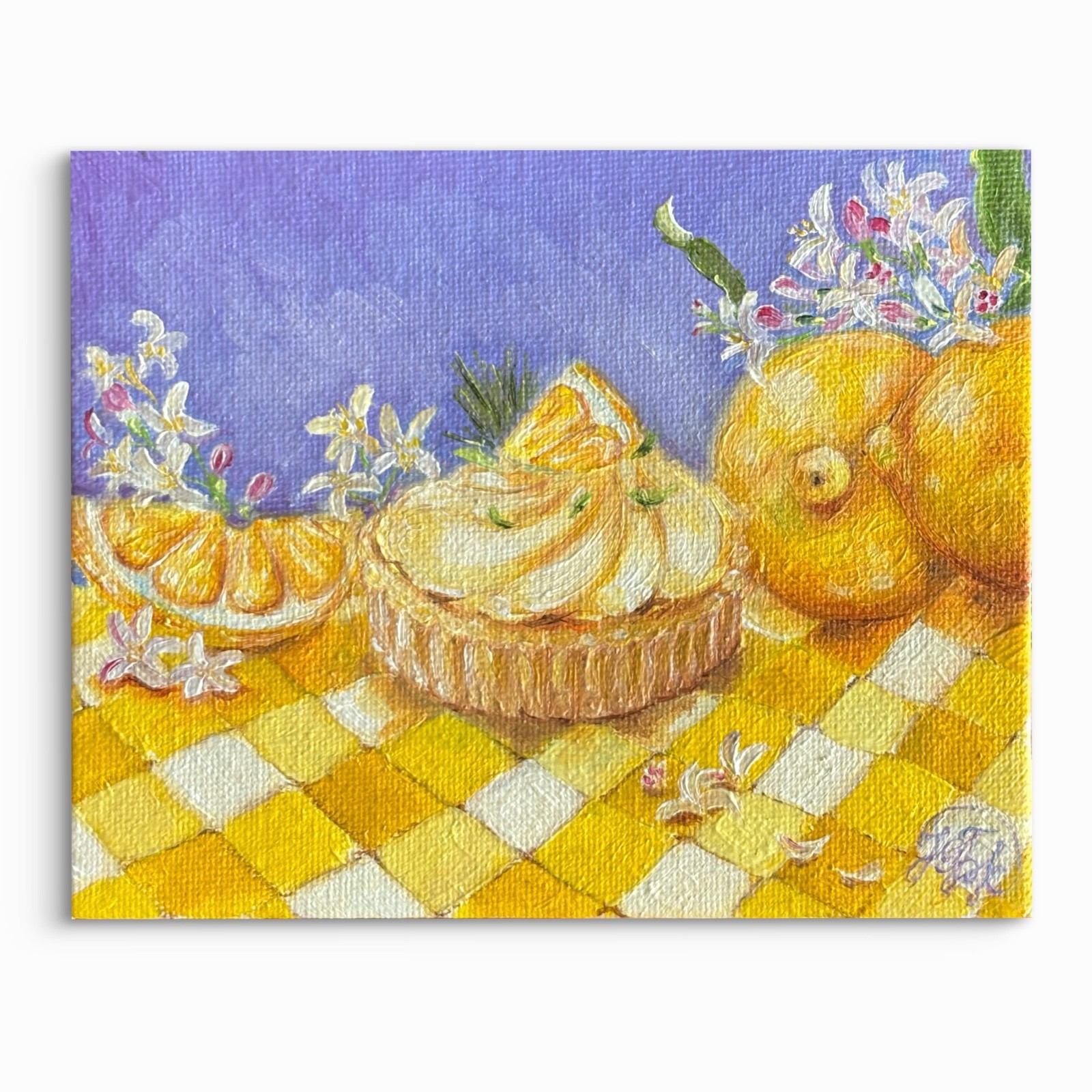 Original Miniature Lemon Tart Oil Painting: Citrus Still Life Kitchen Decor