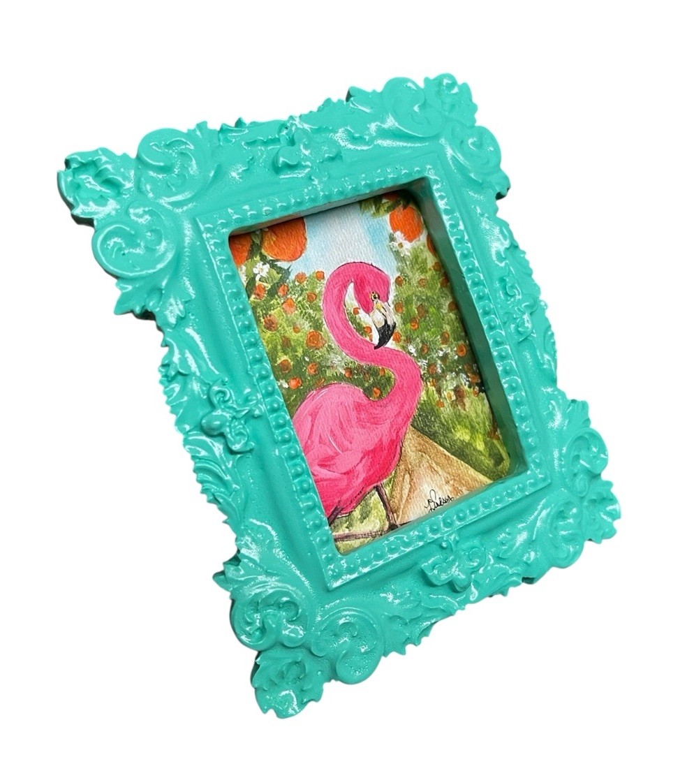 Pink Flamingo in Orange Grove watercolor print in mini vintage style frame