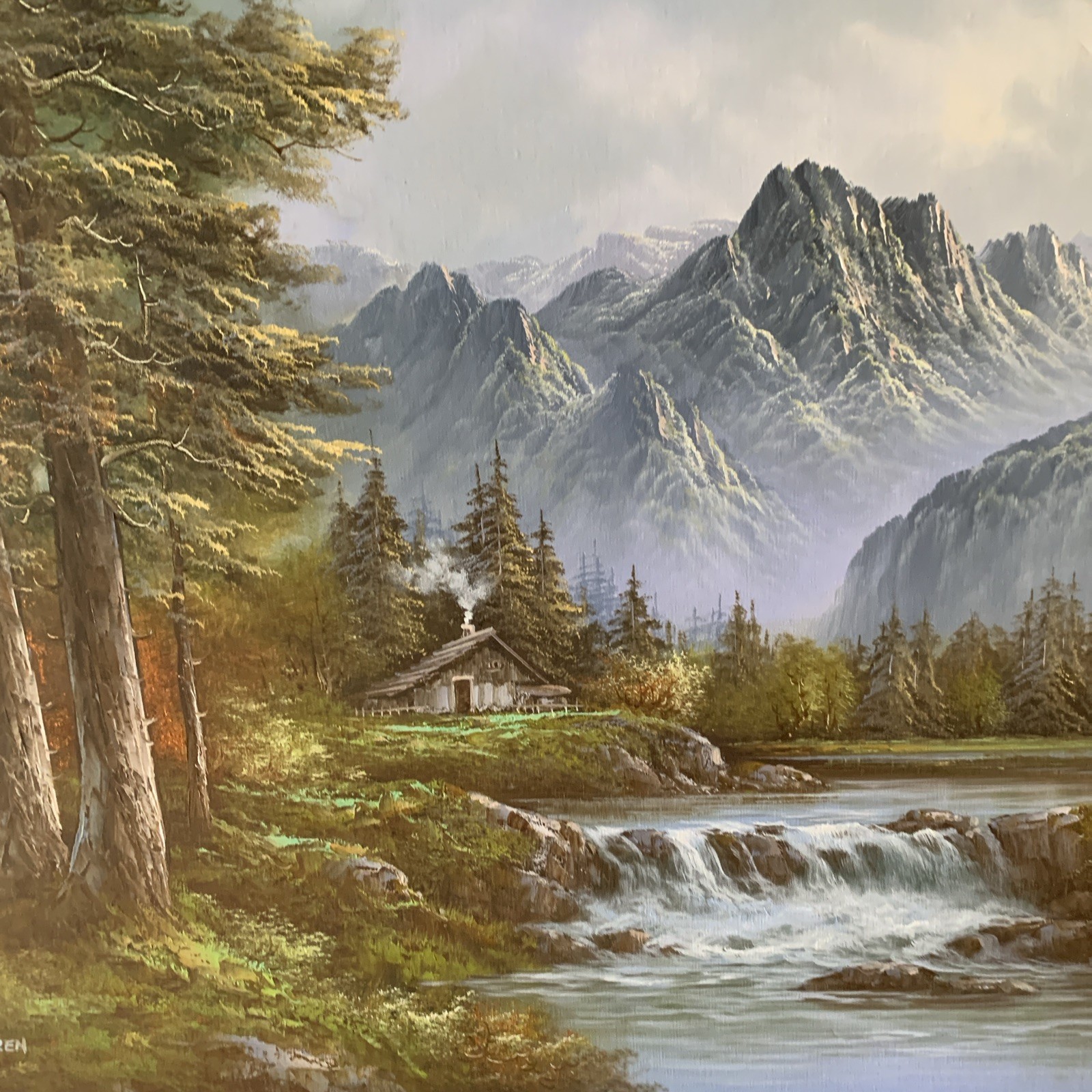 R Boren Original Oil Painting Forest Mountains Cabin Stream Waterfall 42” X 31”