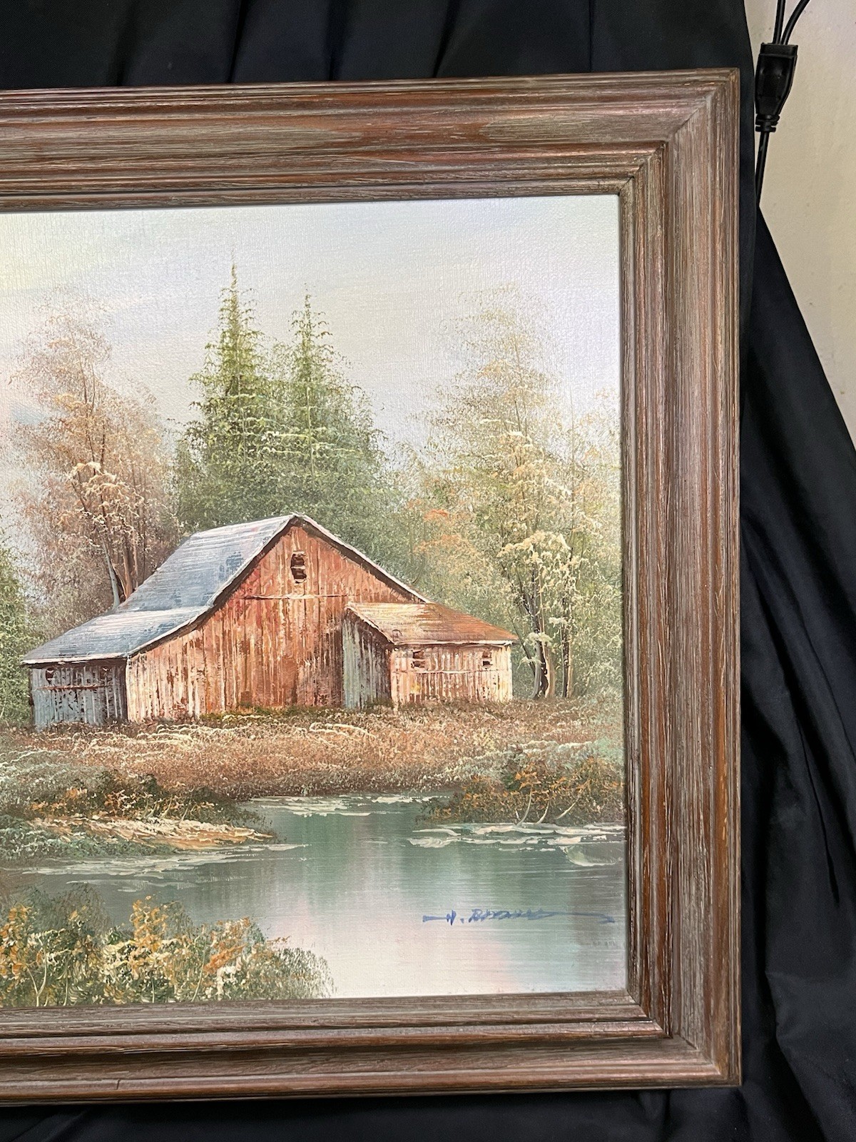 VINTAGE ORGINAL OIL ON CANVIS RUSTIC BARN ON WATER SCENE FRAMED 12 X 16” SIGNED