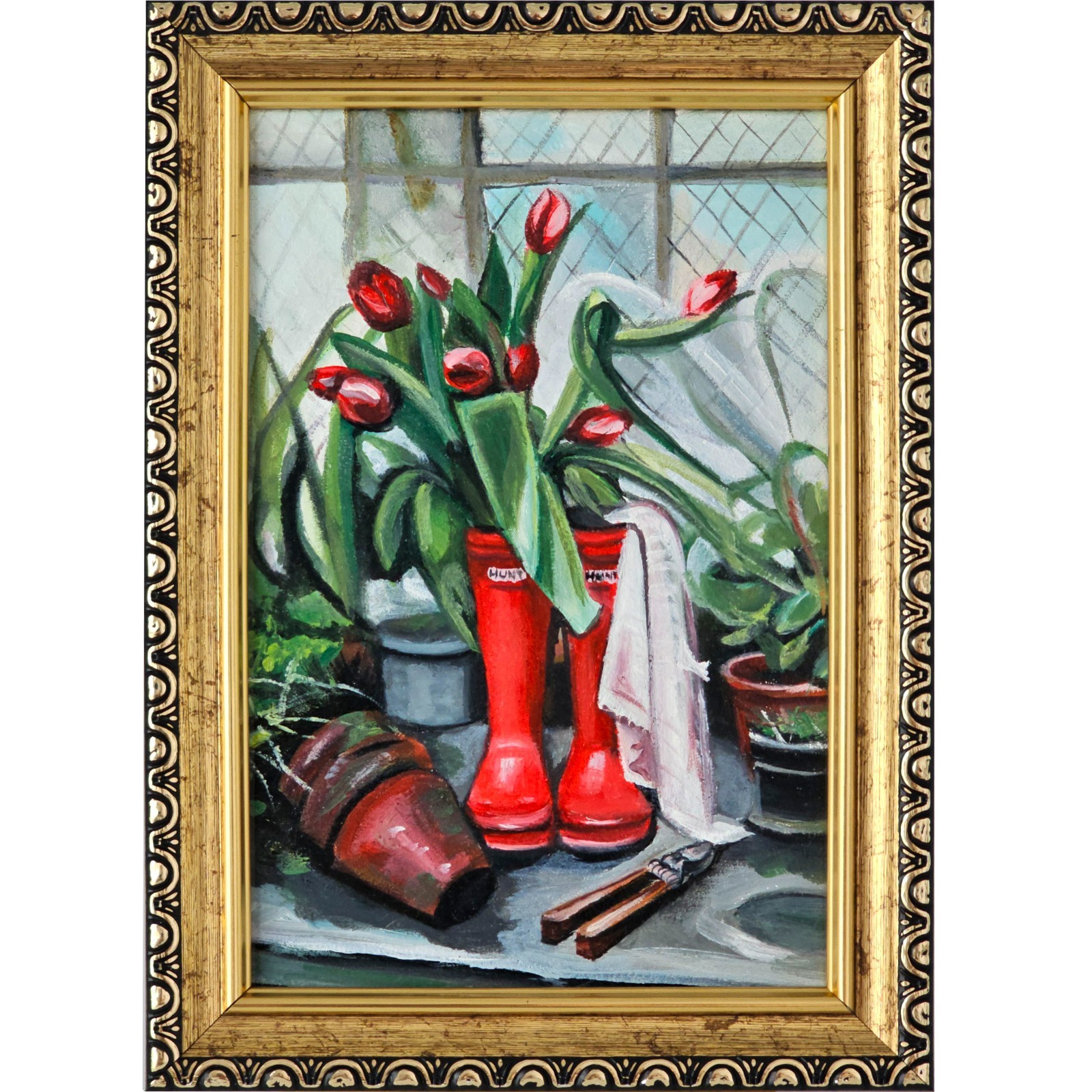 Original Oil Painting Red Tulips In Rain Boots Garden Still Life 4×6 Framed