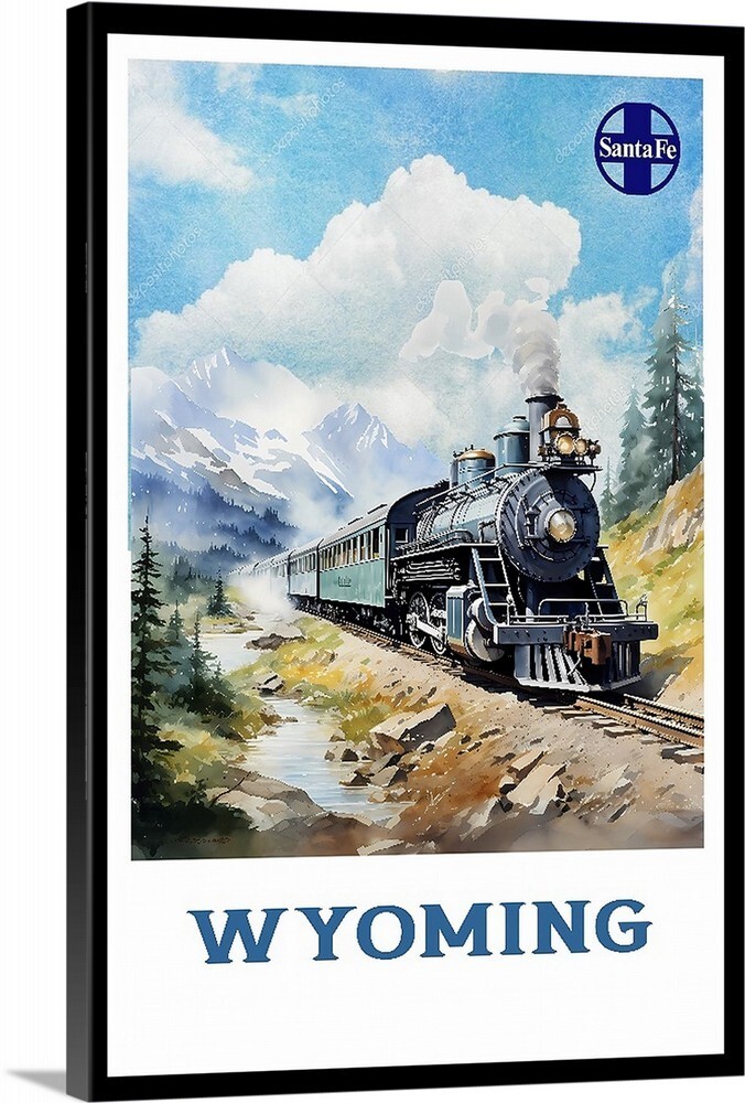 Wyoming By Santa Fe Train Retro Travel Poster, Canvas Or Framed 1930s Vintage