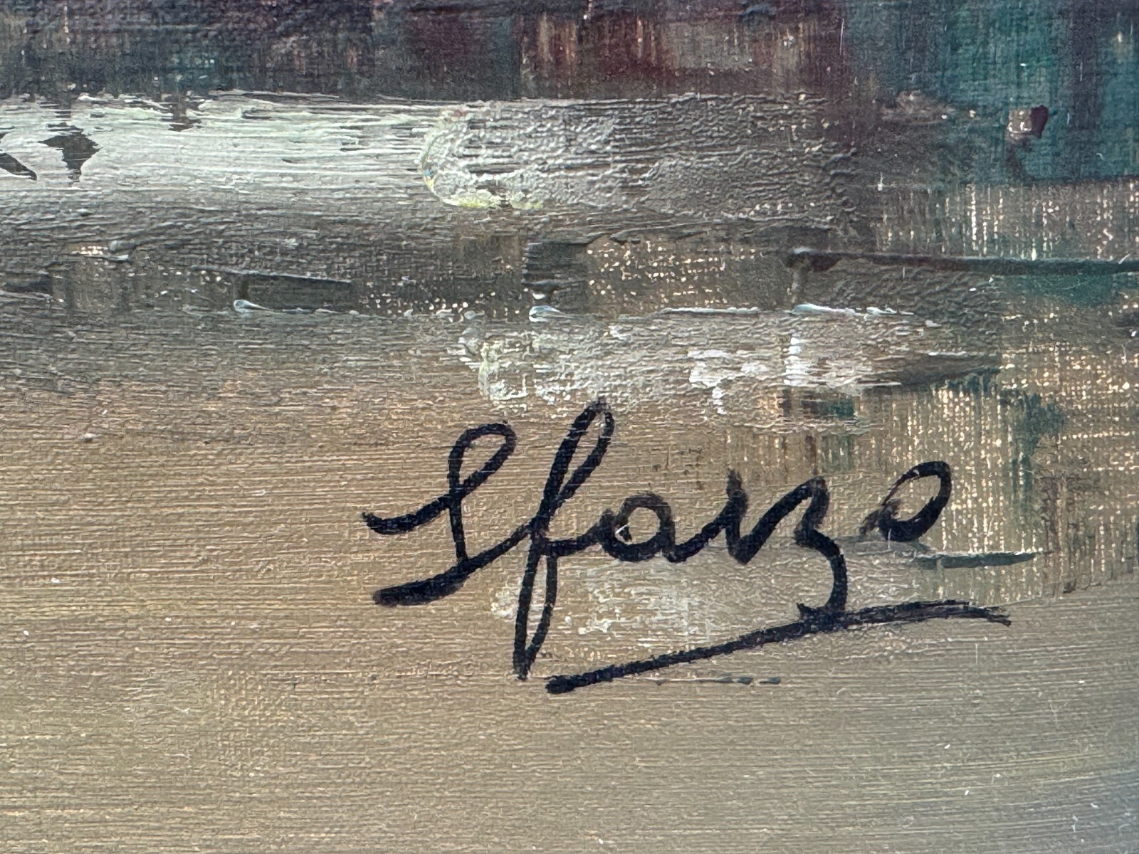 L FARZO SIGNED ILLEGIBLE PARIS FRANCE OIL PAINTING RIVER SEINE FIGURES STREET