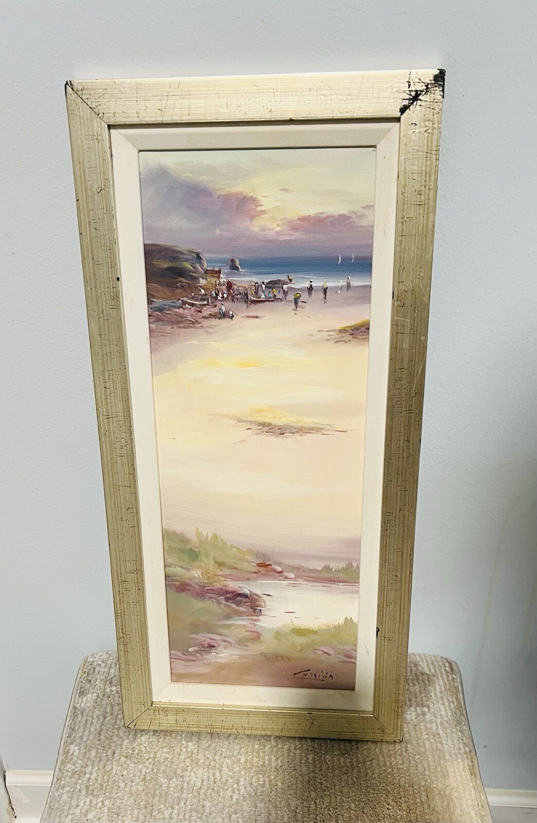 Original Painting Oil On Canvas. Fishermen With Boats On The Seashore Signed