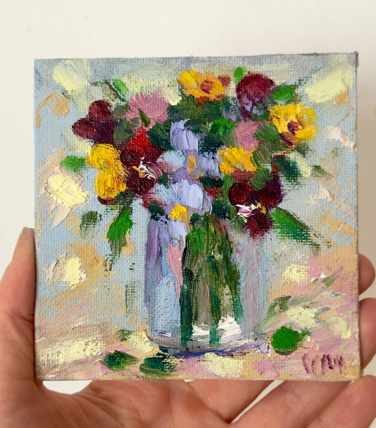 Flowers Original Oil Painting Impasto Still Life Pansy Bouquet Modern Art 4×4