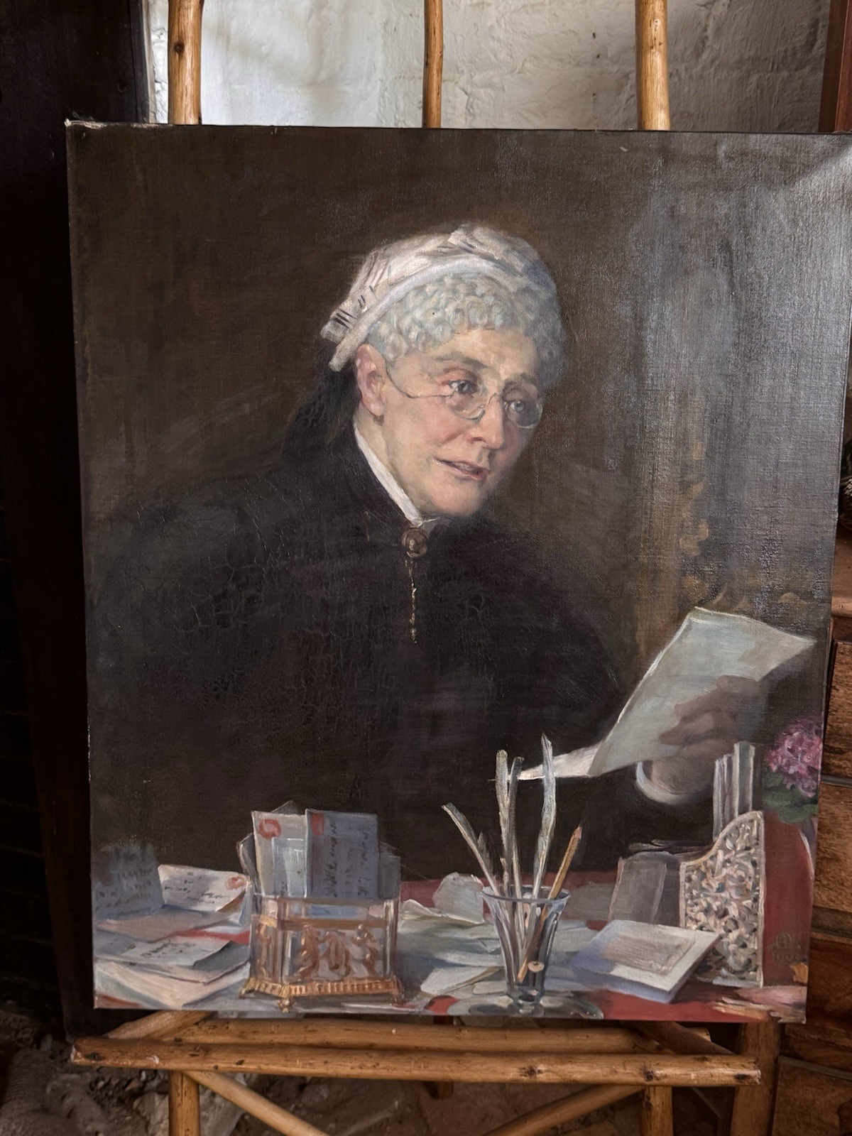 Antique 1903 Oil Portrait Painting Elderly Woman Reading Letter 25” x 30”
