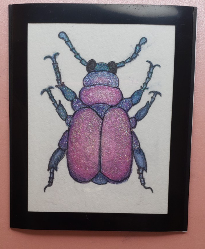 aceo art card framed original signed 2.5×3.5 framed watercolor shimmering beetle