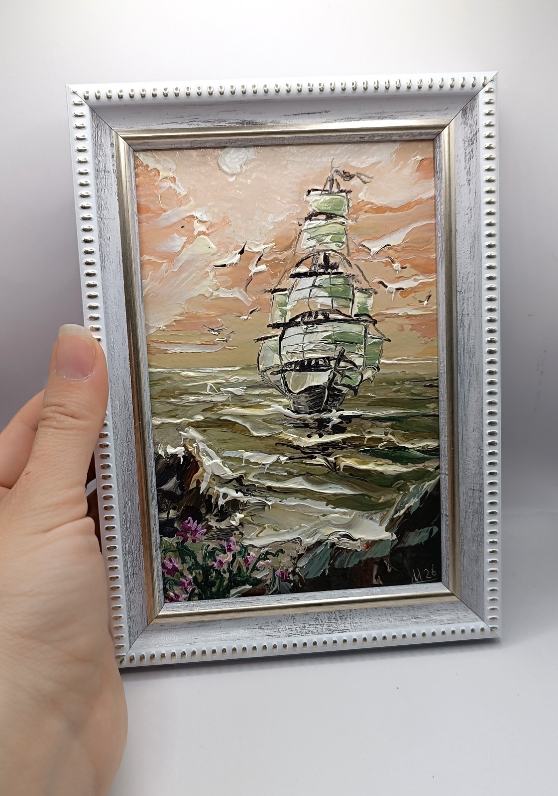 Original Oil Painting Sea Seascape Miniature Framed Impasto Ship Maritime Art