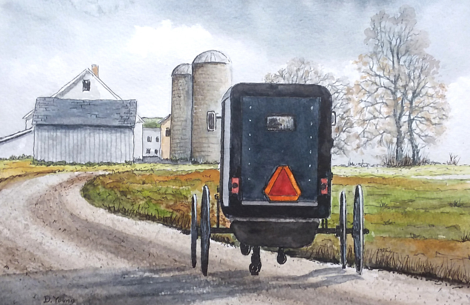 Original Line & Wash Painting, ‘Lancaster County’ – Amish Buggy by David Young