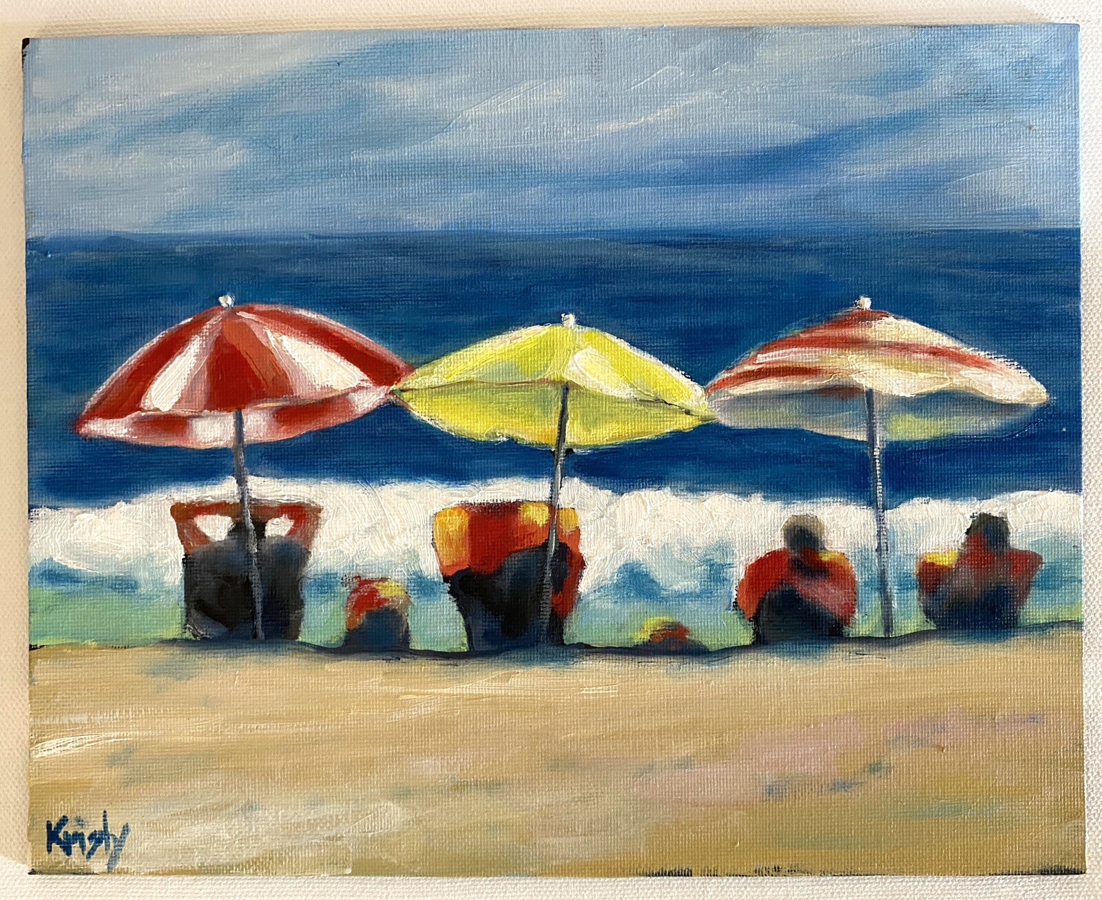 original art paintings Oil Canvasboard “Beach Umbrella A” 8×10 K Baumchen