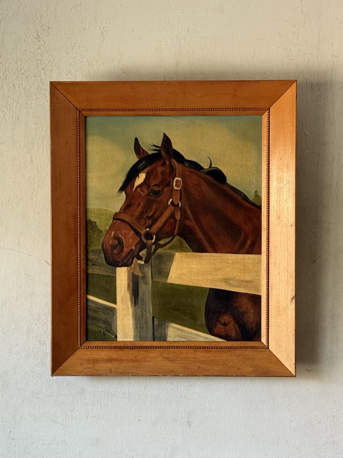 JOANN COLLING ANTIQUE EQUESTRIAN HORSE OIL PAINTING OLD VINTAGE WESTERN 1948