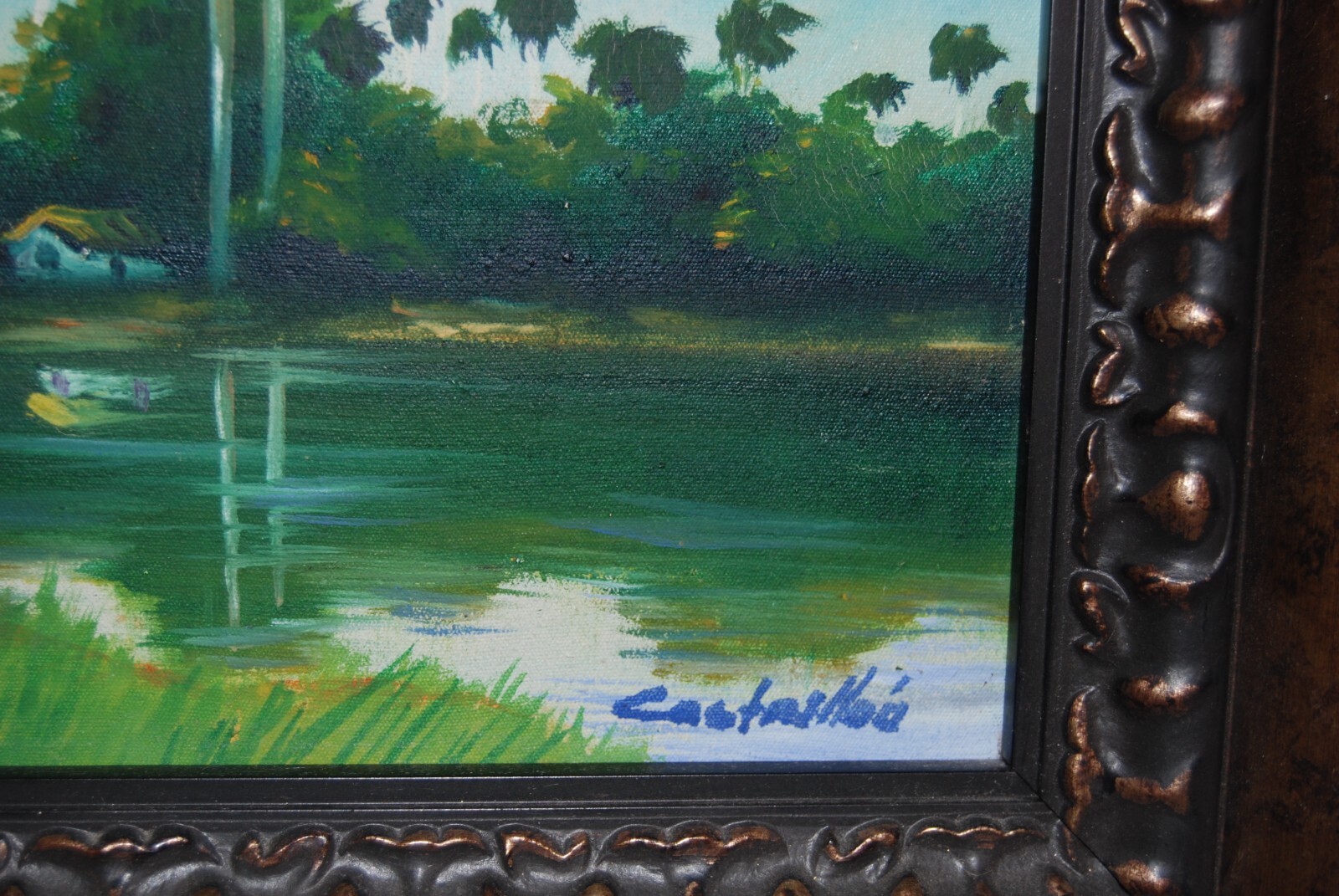 FRAMED SIGNED OIL PALMS AND HUT (BOHIO) A CUBAN COUNTRY SCENE ARTIST: CASTRILLON