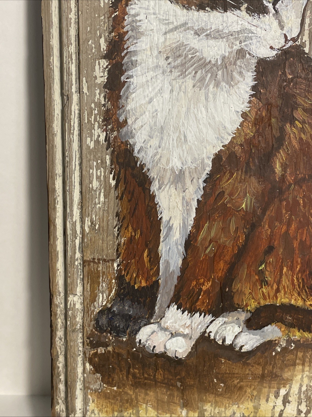 Charming Cat Painting on Rustic Reclaimed Barn Board – Farmhouse Folk Art Signed