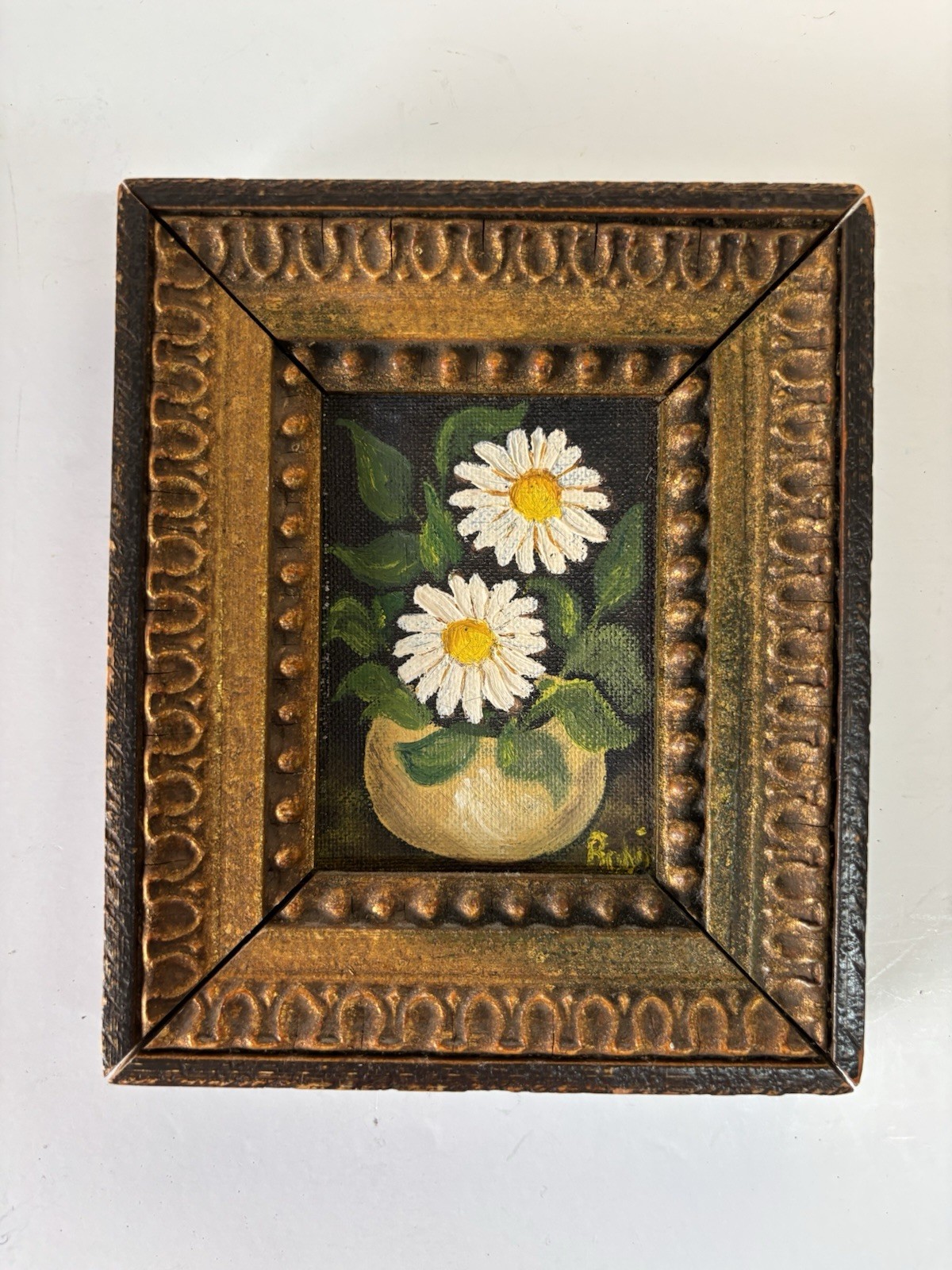 Vintage Daisy Oil Painting signed Ron? Miniature Framed Gold Wood 5″ x 6″