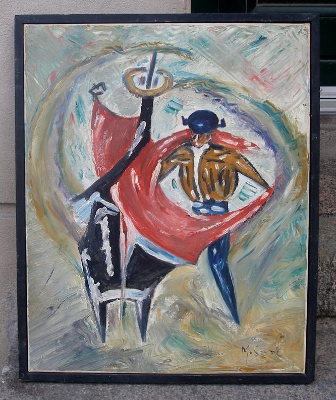 M. Soto. The Bullfighter. Cubist Spanish oil. Ca. 1940s.