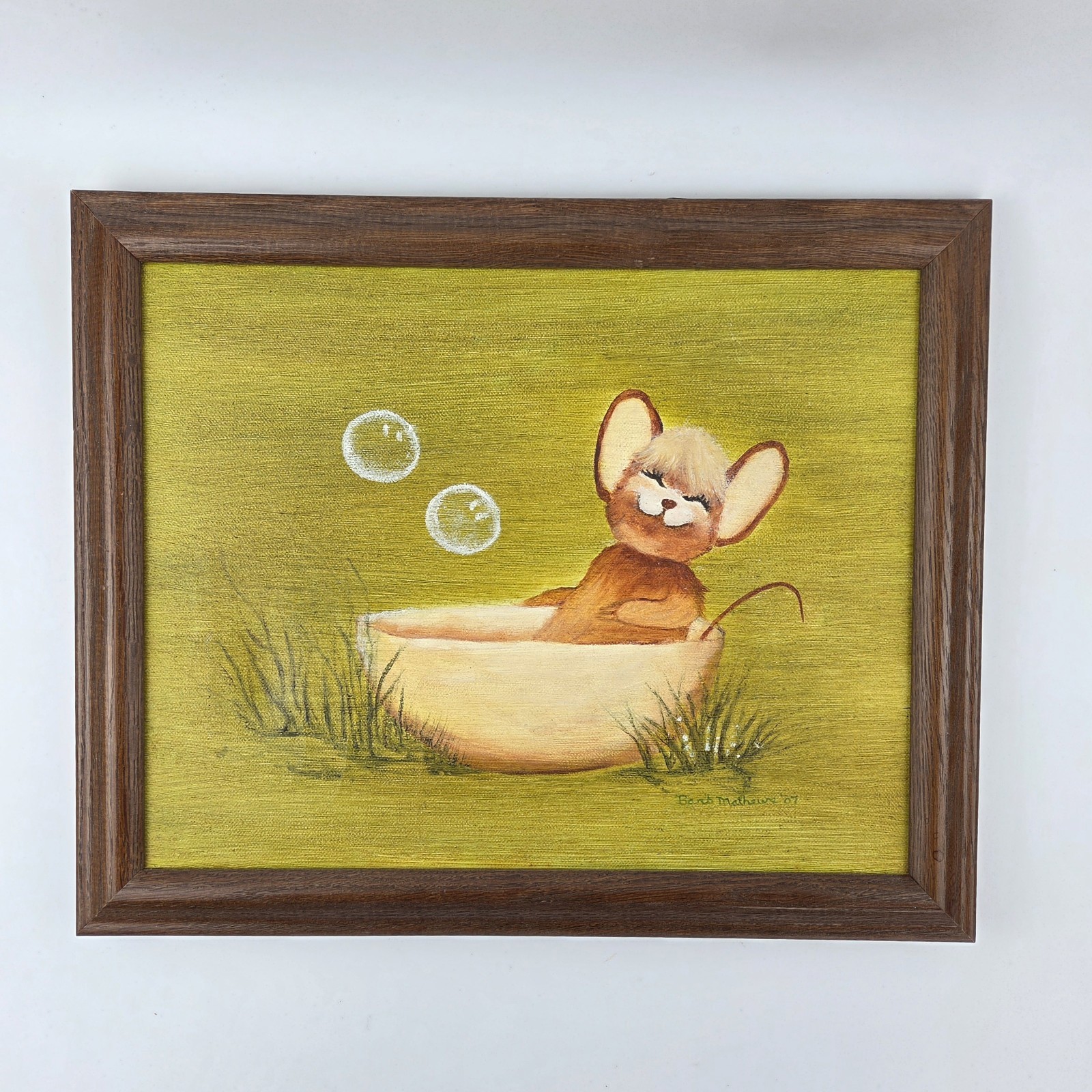 Framed Mouse Bath Painting Mid Century Style Signed 13×16″ Whimsical