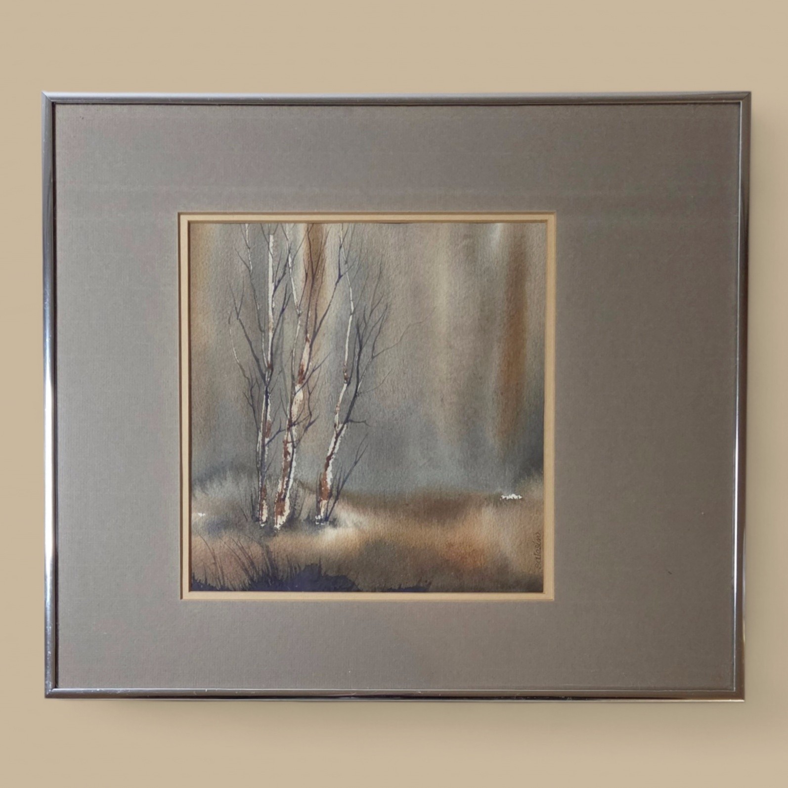 Vtg Signed Watercolor Birch Trees Framed Woodland Wabi Sabi Minimalist Wall Art