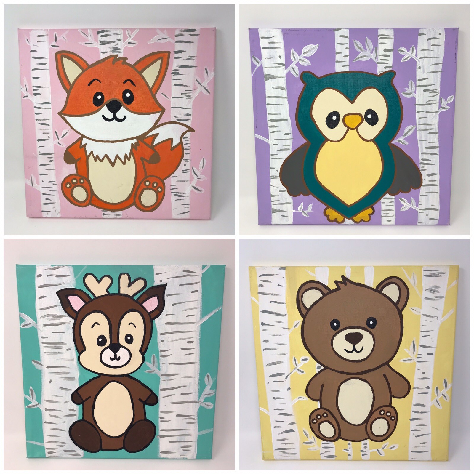 4 Canvas Artwork Art Set Lot for Nursery Hand Painted Fox Owl Deer Bear 14 x 14