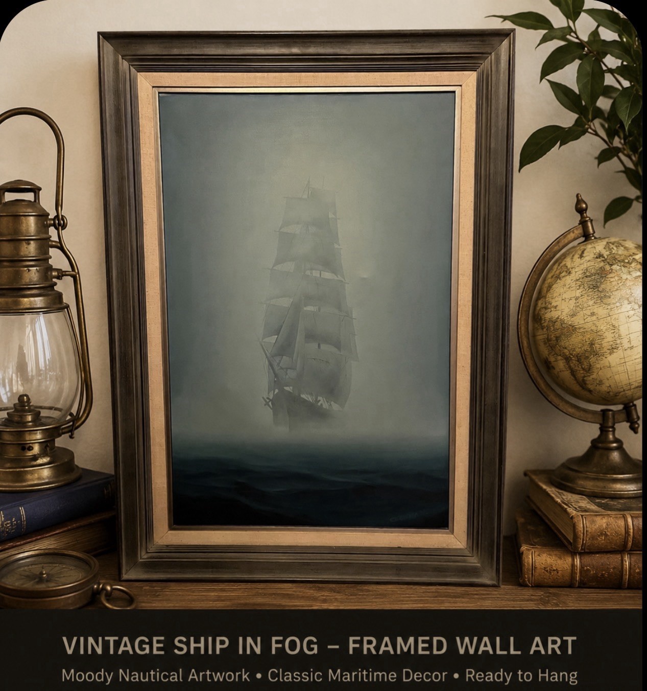 Large Framed MCM Original Oil Painting By Charles Cochrane “Ship In fog” 32×44