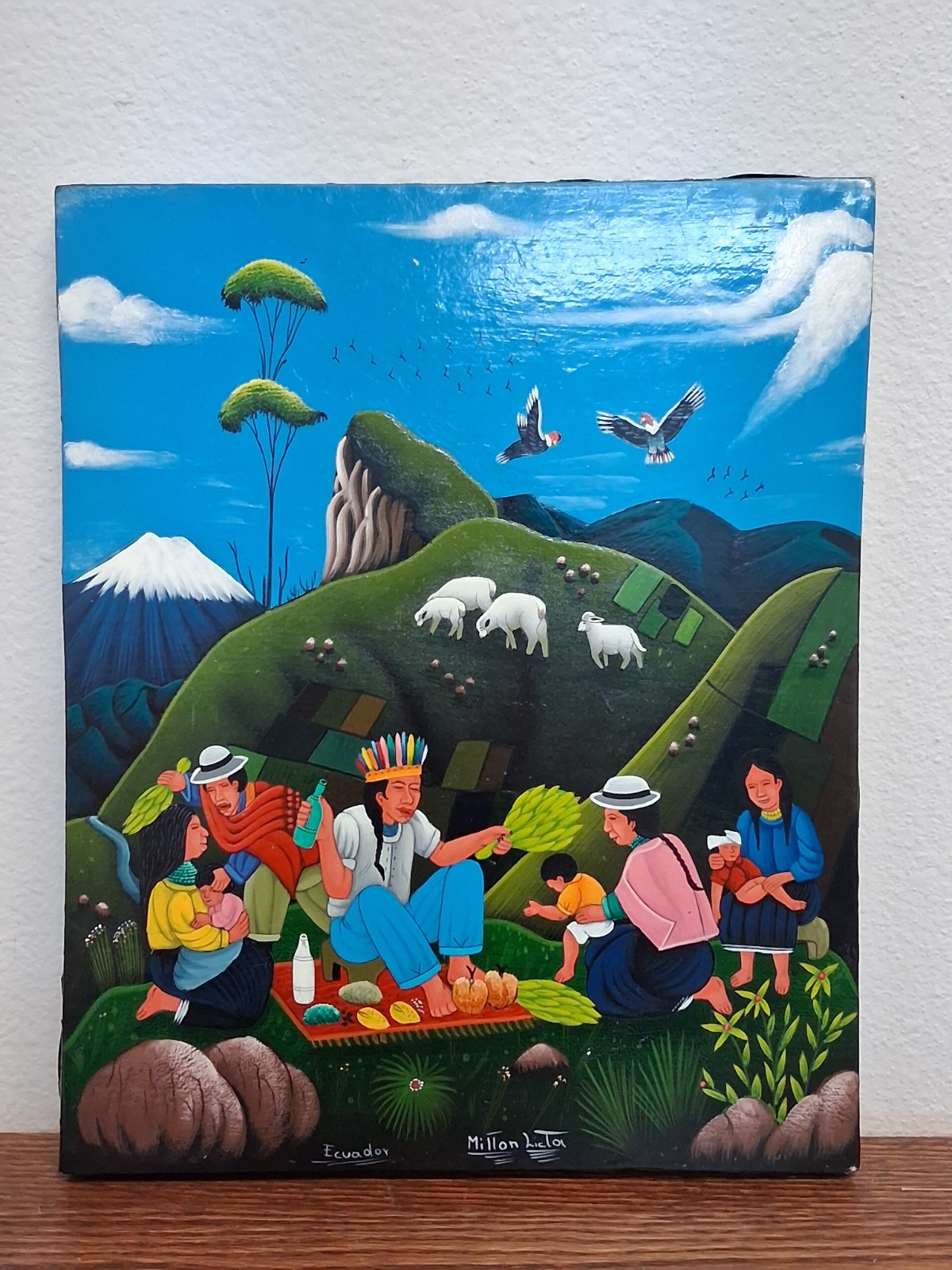 Large Handpainted Ecuadorian Tigua Folk Art On Stretched Sheepskin Set Of 3
