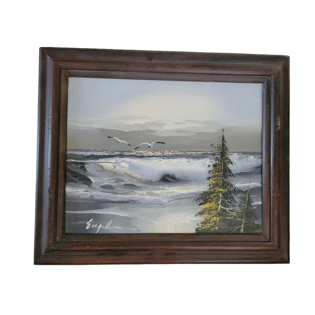 Vintage Engel Seascape Canvas Painting in Wood Frame 13″ x 11″(Great condition)