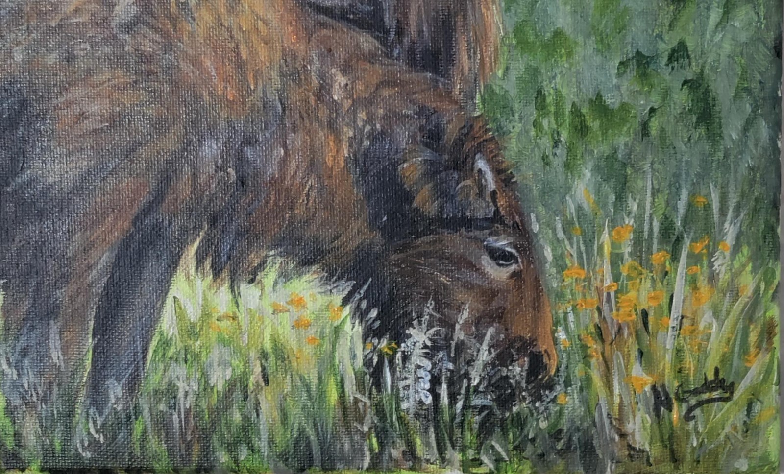 Original Expressive 9 x 12 Bison and Yearling Acrylic on Canvas Painting
