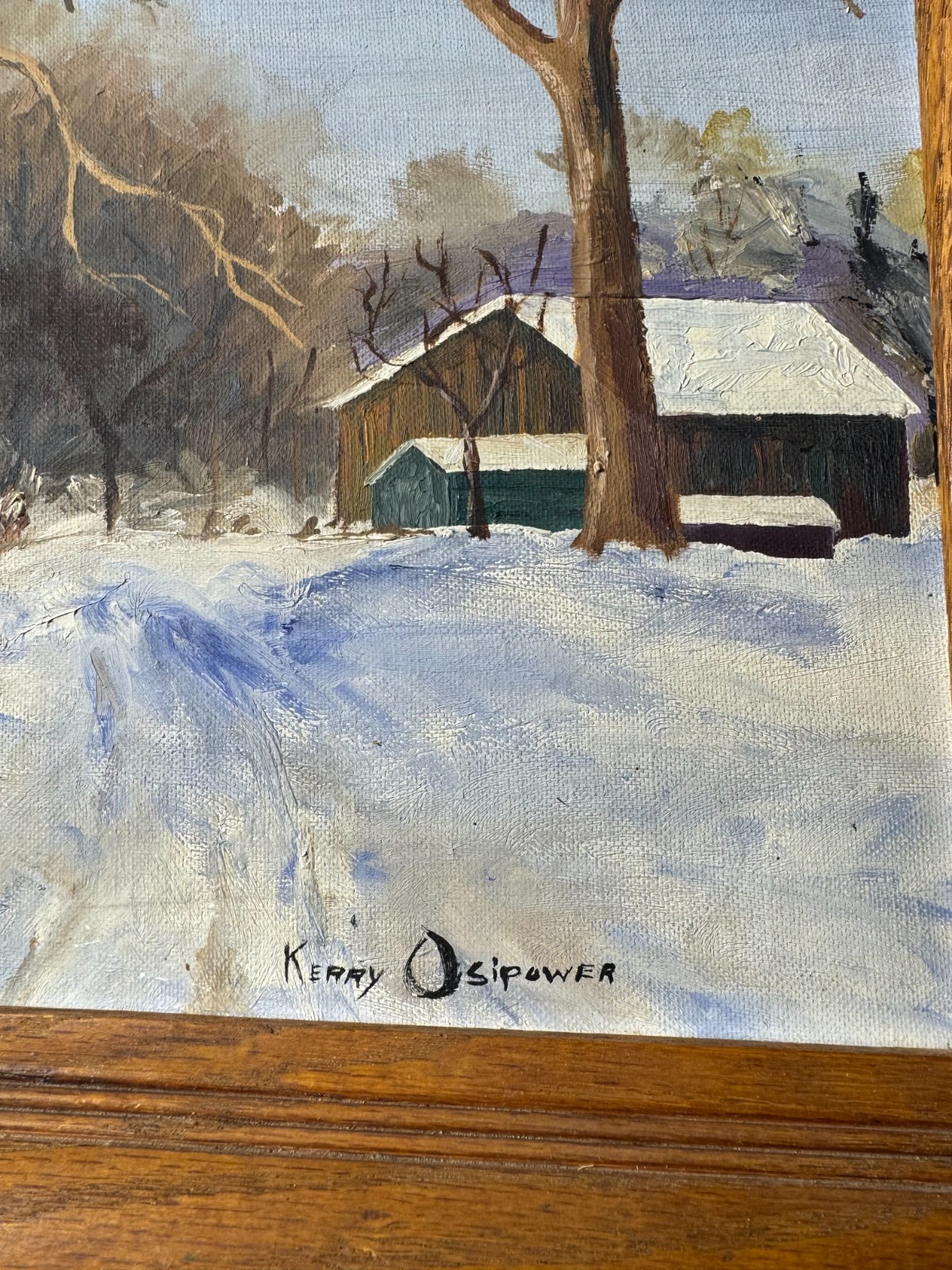 Kerry Osipower «Winter Landscape With Homes Scene» Oil Painting – Signed/Framed