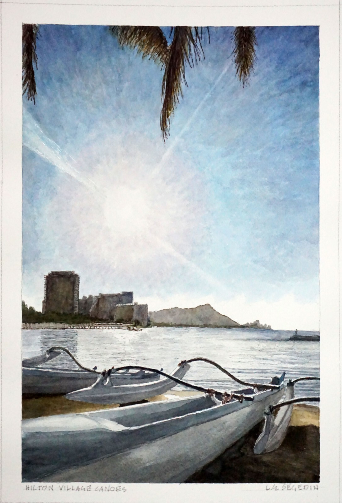 Hawaii Modernist Watercolor Painting «Hilton Village Canoe’s» by L. Segedin #106