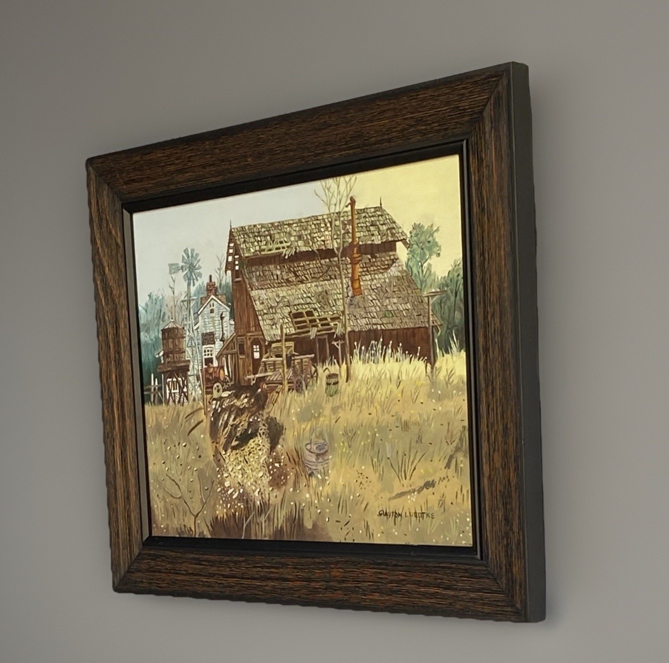Orig Framed Oil Painting, Old Country Farmstead, C Luedtke 20-1/2″W by 16-1/4″H
