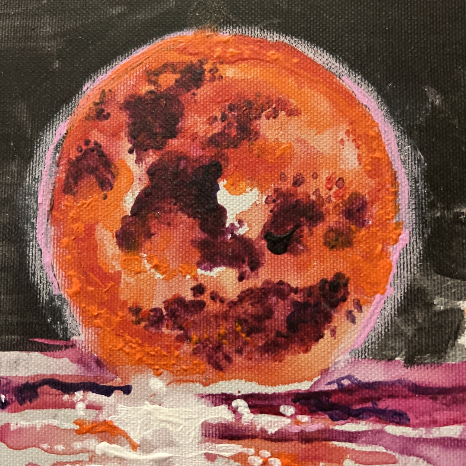 The Red Orange Moon w Black Sky Canvas Fine Art Painting Purple Sea Waves Signed