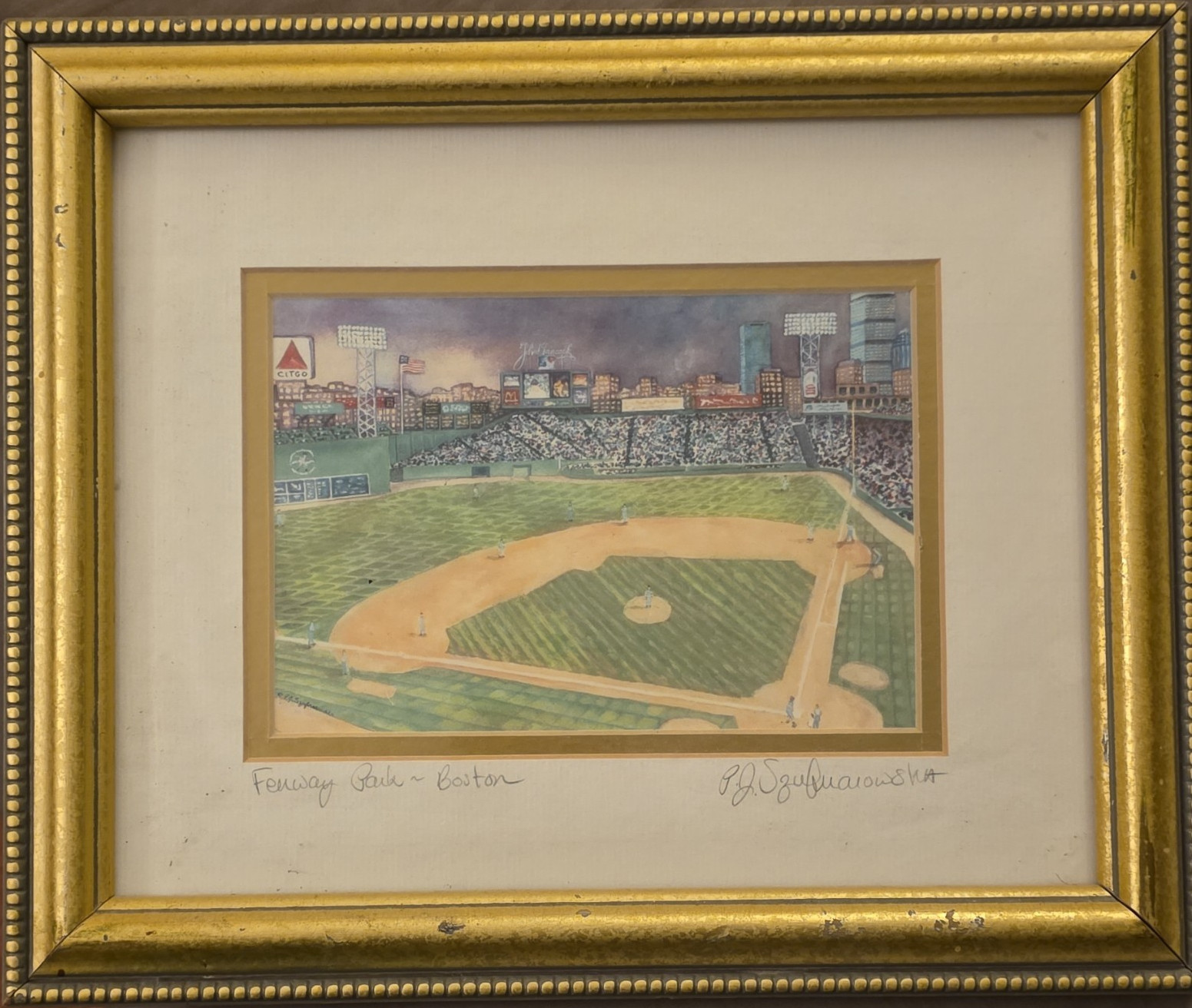 P.J. Szufnarowski Fenway Park Boston Framed Watercolor Painting Signed